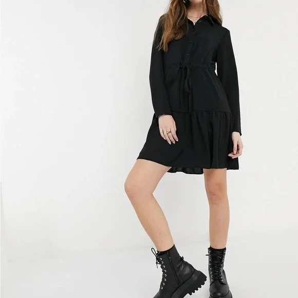 Women’s Dresses | tie waist tiered shirt dress in black - Picture 2 of 9